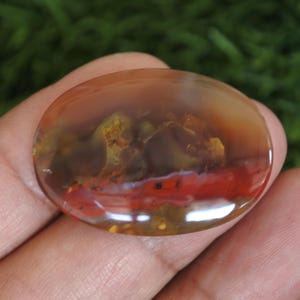 May include: An oval-shaped polished gemstone featuring a translucent amber and brown base with a distinct horizontal band of deep red and internal moss-like inclusions in shades of olive green and yellow throughout the smooth surface.