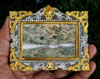 Java Jasper Stone in Gold Chrome Frame: Natural Painting Motif (70mm x 45mm)