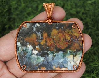 Wire Wrapped Java Jasper Pendant: Handmade Copper Jewelry