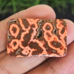 Puede incluir: Una gema rectangular con un patrón único. La piedra presenta una base marrón con un intrincado diseño de remolinos y formas de color naranja y marrón rojizo. La superficie pulida resalta las variaciones naturales de color y textura.
