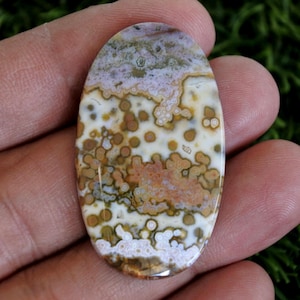 May include: Oval gemstone with a polished surface. The stone displays a pattern of brown, tan, and white spots and swirls, with hints of purple and orange. The gemstone is held in a hand, highlighting its natural beauty.