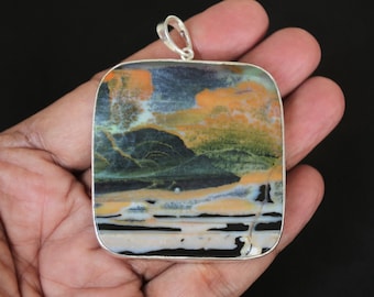 Large Scenic Multicolor Opalized Petrified Wood Set in Sterling Silver Pendant