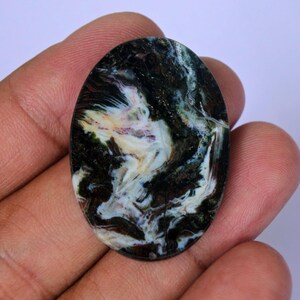 Pu&ograve; includere: Pietra preziosa ovale a cabochon con un motivo a spirale di nero, bianco e marrone. La pietra ha una superficie lucida e liscia.