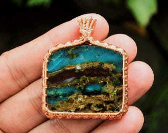 Handmade Java Jasper Copper Pendant: Wire Wrapped Jewelry