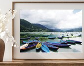 Nepal Pokhara Fewa Lake Boats Himalayas Mountain Exotic Pristine Landscape Photography Blue Green Art Print Digital Download