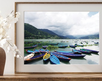Nepal | Pokhara Fewa Lake Boats | Himalayas Mountain | Exotic Pristine Landscape Photography | Blue Green | Art Print | Digital Download