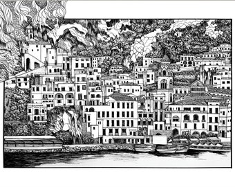 Original | Amalfi Coast Italy | Duomo di Amalfi | Medieval Cathedral | Mountain Sea Boats | Cityscape Freehand Drawing | NOT Print | A3 Size