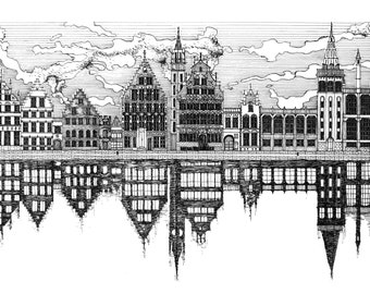 Original | Ghent Gent | Belgium | Flemish Cityscape Freehand Drawing | Water Reflection | Middle Ages Medieval Sketch | NOT Print | A3 Size