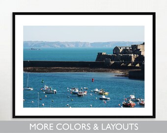 English Channel | Guernsey | Castle Cornet + Lighthouse | Blue Sea Island Boat | Architecture Landscape Photo | Art Print | Digital Download