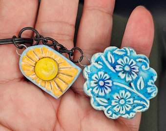 Handmade Ceramic Sun and Blue Flower Keychain Charm, Discrete F#ck ICE Message Accessory