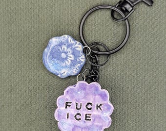 Handmade Ceramic Keychain – Floral, F#ck ICE Message Charm, Purse Accessory