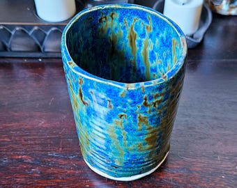 Hand-Built 10 oz Ocean Drip Ceramic Cup | Blue Green Textured Tumbler | Handmade Pottery