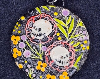 Ceramic Red Floral Skull Pendant A, Memento Mori