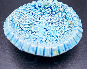 Handmade Blue Floral Trinket Dish | Ceramic Jewelry Holder | Change Tray