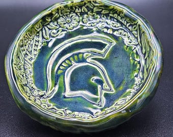 Handmade Spartan Ceramic Trinket Dish, Green Jewelry Holder, Change Tray