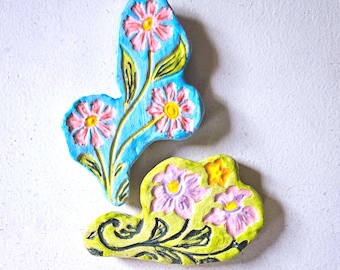 Handmade Floral Ceramic Magnets, Set of 2, Pastel Flower Refrigerator Magnets, Cottagecore Kitchen Decor