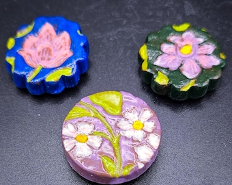 Handmade Floral Ceramic Magnets, Cottagecore Kitchen Decor, Folk Art Flower,  Set of 3