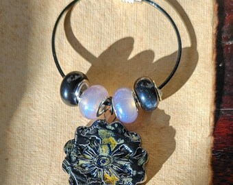 Ceramic F#ck ICE Bag Charm - Black and Gold Floral Keychain Zipper Pull