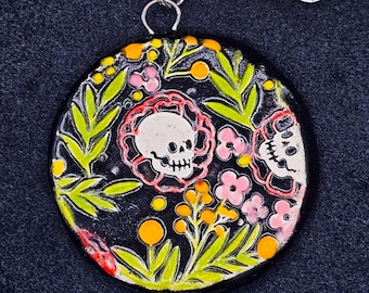 Ceramic Red Floral Skull Pendant B, Memento Mori