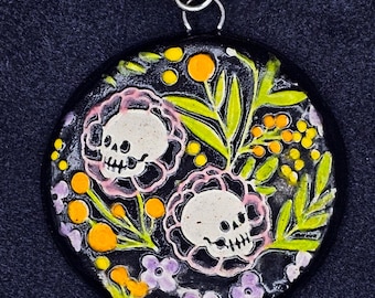 Ceramic Pink Floral Skull Pendant, Memento Mori