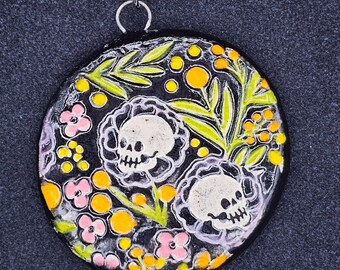 Ceramic Lavender Floral Skull Pendant, Memento Mori