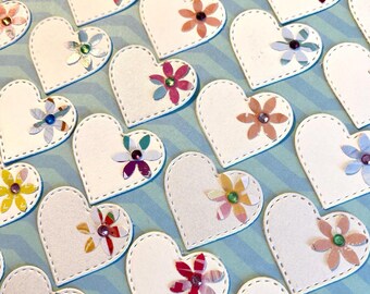 Heart Die Cuts: Ivory Card Embellishments with Flower and Diamanté (Pack of 20)