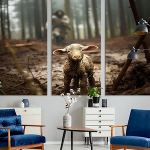 Lost Sheep and Jesus in the Forest Canvas Wall Art | Inspirational Christian Photography | Framed, Ready to Hang for Living Room or Office