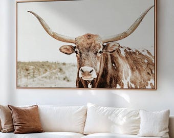 Texas Longhorn Wall Art Canvas Print, Framed Long Horn Canvas Wall Art, Framed Western Texas Wall Art Print, Large Log House Decor Art Print