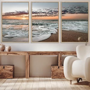 Ocean Sunset Wall Art, Beach Waves Print, Large Seascape Canvas, Coastal Wall Art, Original Painting, Framed Coastal Scene, Summer Wall Art