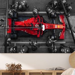 Formula 1 Pit Stop Wall Art - Red Racing Car Canvas Print for Motorsport Fans - Framed Ready to Hang