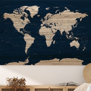 World Map Wall Art, Canvas Print World Map, Wood Background Style Map, Framed World Map, World Map Decor, Large World Map, Push Pin Map