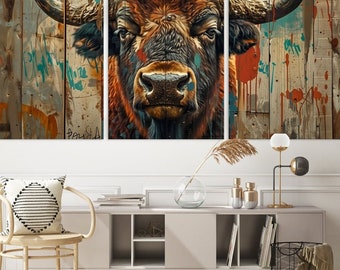 Bison canvas wall art American Bull Buffalo Print Buffalo Original Printing Rustic decor Farmhouse Buffalo Wood background Large Wall Art