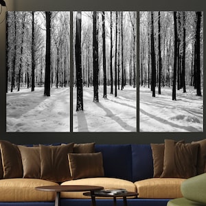 Peut inclure: Une photographie en noir et blanc d'une forêt enneigée avec de grands arbres. Les arbres sont nus et la neige recouvre le sol. Le soleil brille à travers les arbres, créant de longues ombres sur la neige.