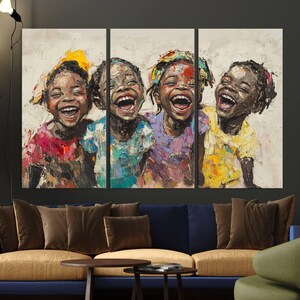 Shai Yossef style canvas wall art featuring joyful African kids in an impasto painting with bold brushstrokes, framed and ready to hang for playroom, kids' room, or nursery decor.