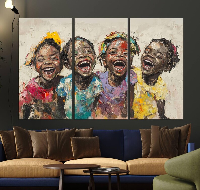 Shai Yossef style canvas wall art featuring joyful African kids in an impasto painting with bold brushstrokes, framed and ready to hang for playroom, kids' room, or nursery decor.