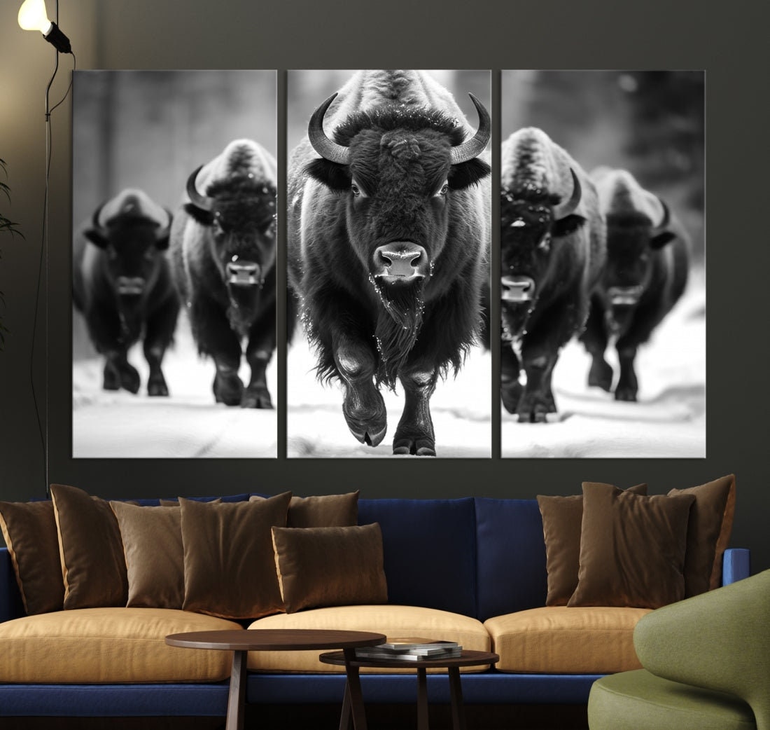 American Bison Herd Black and White Wall Art - Rustic Wildlife Canvas ...