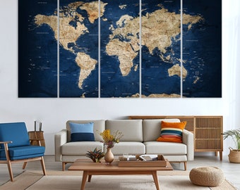 Navy Blue Detailed World Map Wall Art Canvas Print - Brown Blue Map on Canvas Gallery Wall Set for Traveler Gift