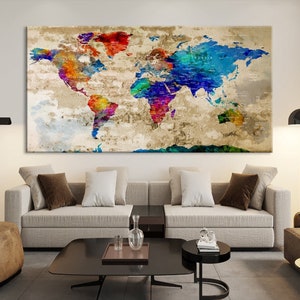 Retro Grunge Push Pin Colorful World Map Wall Art Canvas Print - Ready ...