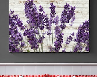 Lavender Flowers Canvas Wall Art on Wood Background Style, Flowers Rustic Home Decor, Purple Flower Art, Lavender Wall Decor,Floral Wall Art