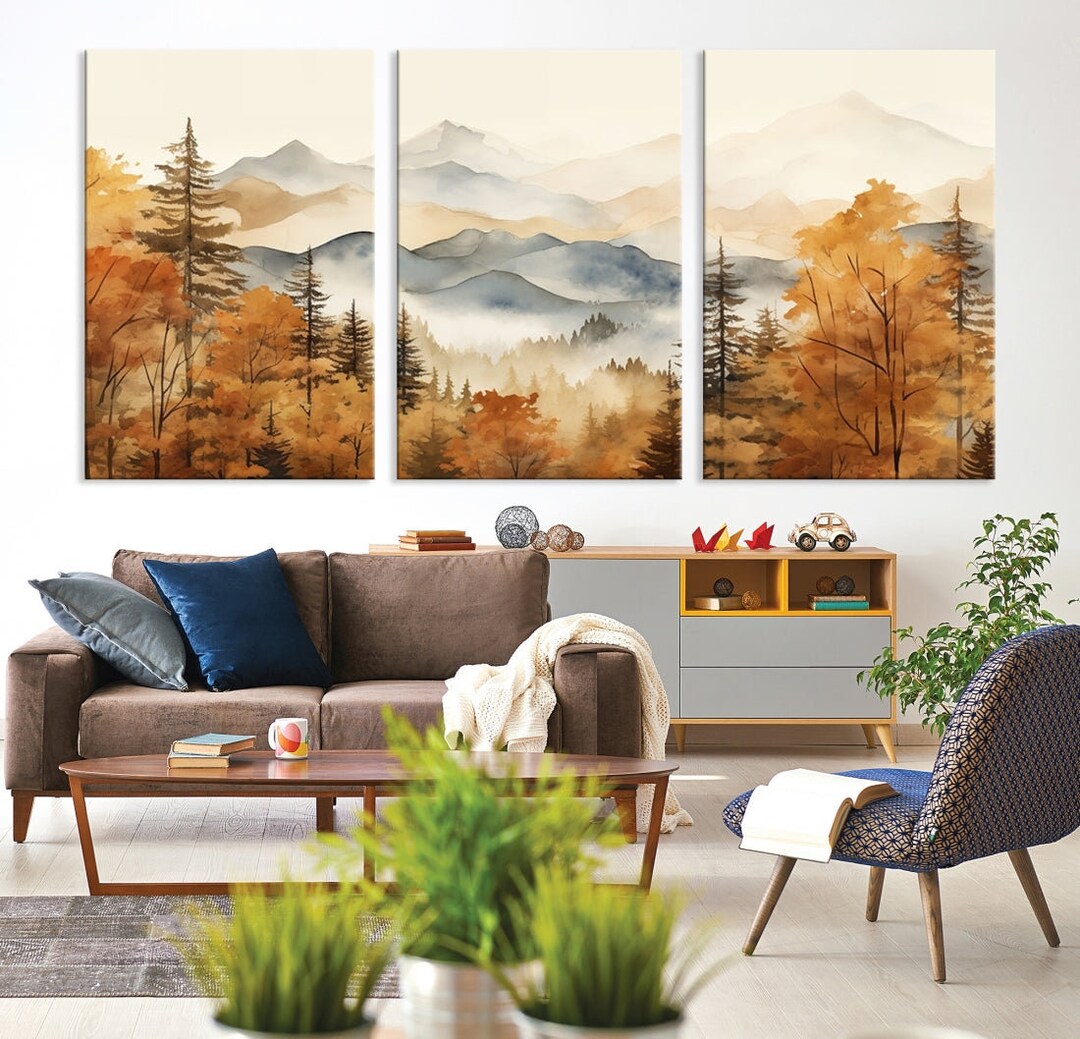 Watercolor Fall Autumn Trees Mountain Abstract Wall Art Canvas Print ...