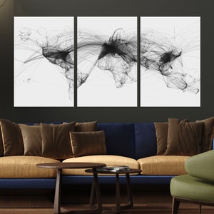 Moderne vliegroutes wereldkaart, zwart-wit luchtverkeerskaart, canvas kunst aan de muur, luchthavendecor, kaart met meerdere panelen vluchtroutes, kantoordecor