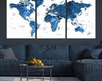 Large Blue Watercolor Push Pin World Map Wall Art Canvas Print for Home Office Living Room Wall Decor, Framed, Ready to Hang
