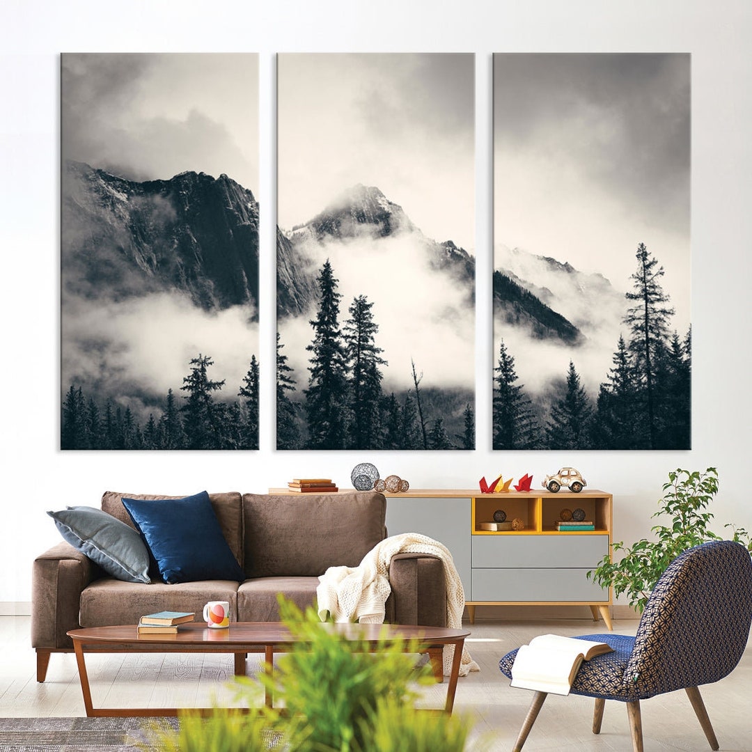 Dark Forest Misty Canvas Print, Mountain Landscape Wall Art for Living ...
