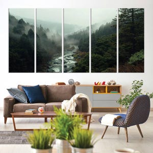 Misty Forest River Canvas Wall Art - 3 Piece Nature Landscape Wall Art ...