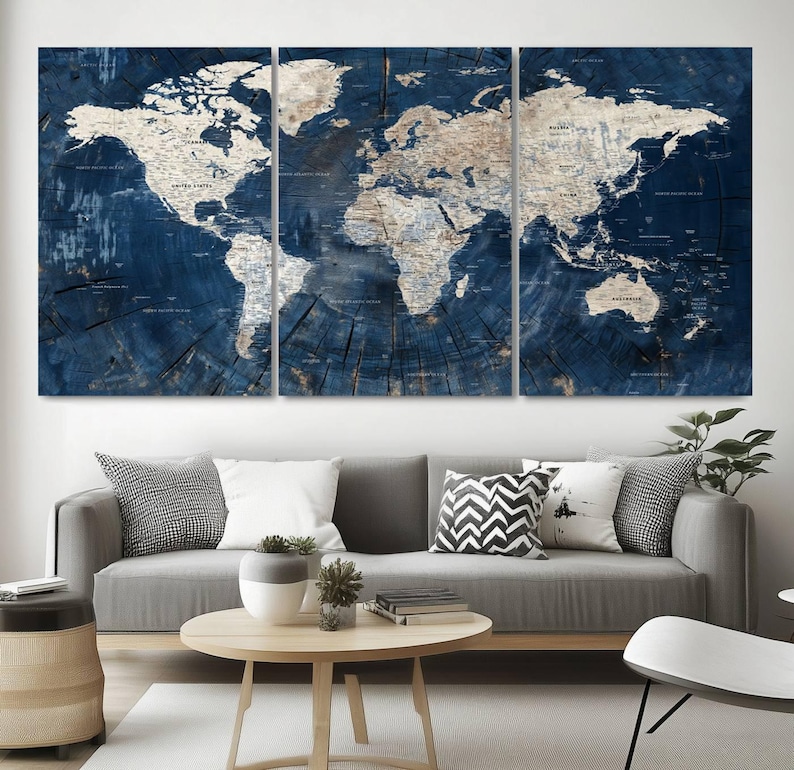 Large 3-panel Blue World Map Canvas Print with detailed continents, framed wall art perfect for living rooms, offices, and travel enthusiasts. Ready to hang for easy setup.
