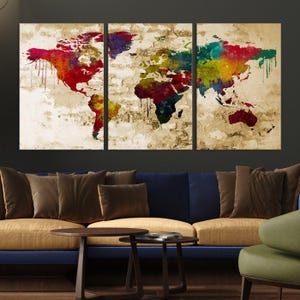 Impression abstraite carte du monde, carte du monde encadrée, toile colorée de carte du monde, carte du monde détaillée, carte du monde avec punaises, décoration de salle d'étude, cadeau pour la maison