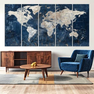 Large 3-panel Blue World Map Canvas Print with detailed continents, framed wall art perfect for living rooms, offices, and travel enthusiasts. Ready to hang for easy setup.