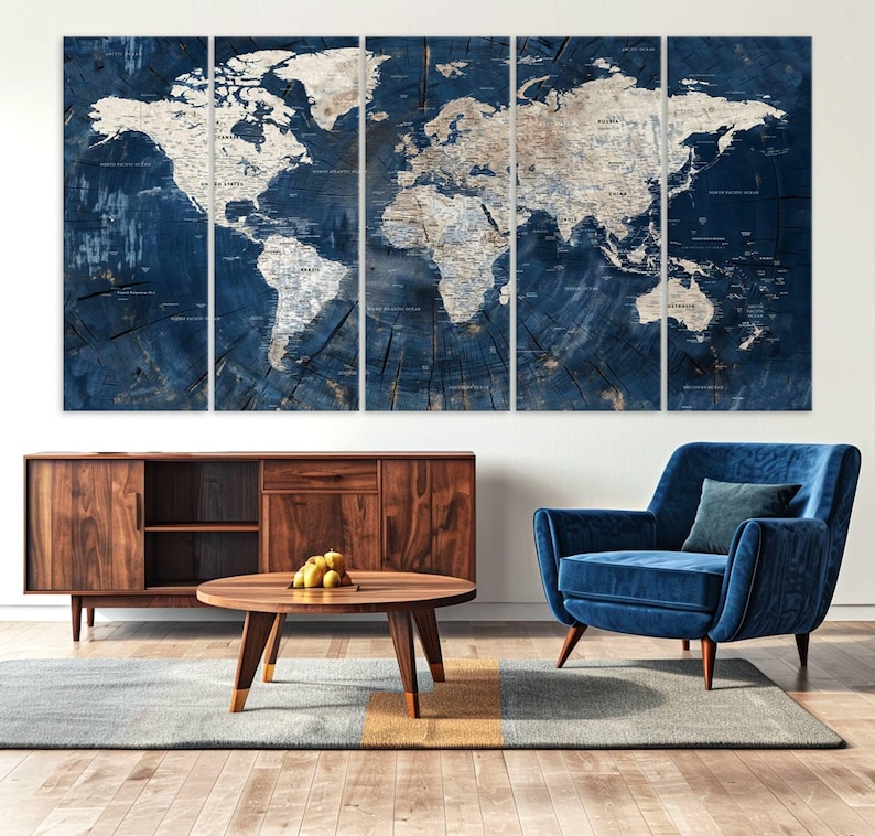 Large 3-panel Blue World Map Canvas Print with detailed continents, framed wall art perfect for living rooms, offices, and travel enthusiasts. Ready to hang for easy setup.