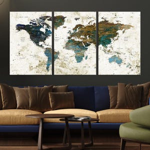 Vintage grunge wereldkaart, grote ingelijste muur decor, kunst aan de muur met meerdere panelen, kaart van de wereld, reizen wereldkaart, decor van het huis, push pin kaart