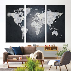 Toile de carte du monde multi-panneaux, impression de carte du monde encadrée, carte du monde prête à accrocher, carte du monde de haute qualité, carte en noir et blanc, décoration de voyage, bureau